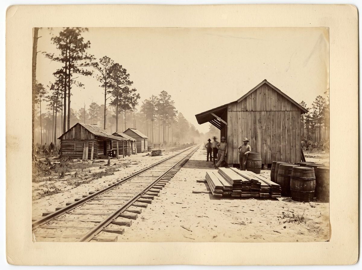 Illustration of Bayard, Florida as an 1880s railroad depot settlement: a narrow-gauge track through pine flatwoods with a small wooden depot and stacked lumber