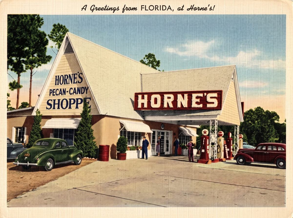 Vintage postcard of a Horne's Pecan-Candy Shoppe, the roadside candy brand that grew out of the Horne family's Bayard beginnings