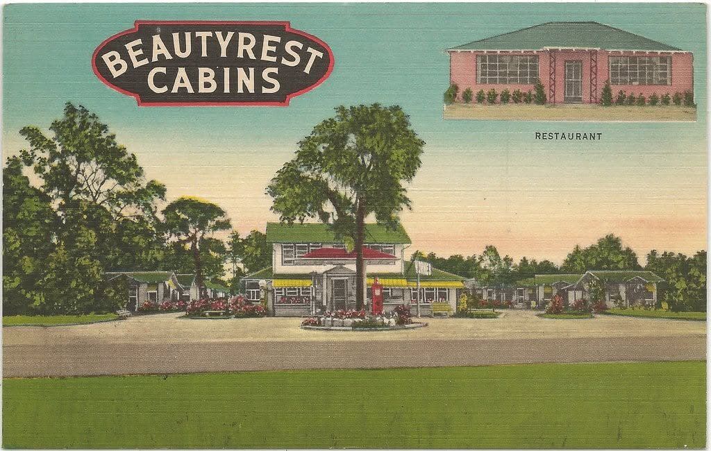 Vintage linen postcard of the Beautyrest Cabins in Bayard, Florida, showing the main house with gas pumps and the rows of tourist cabins
