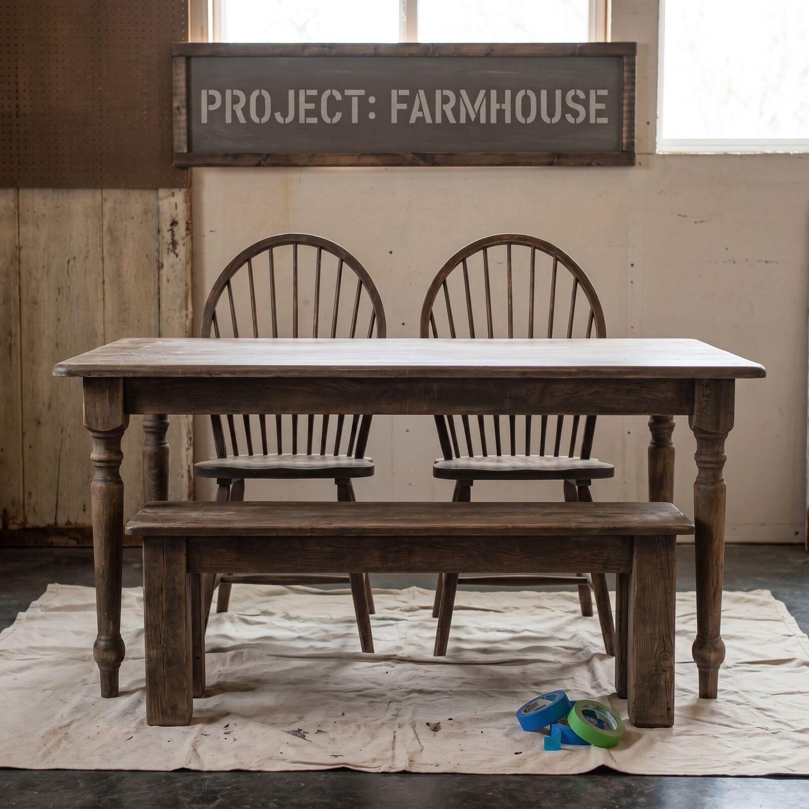 Farmhouse Dining Table & Bench Set - Before State