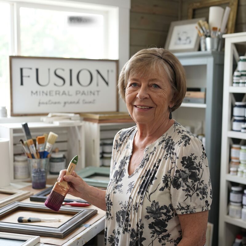 Charlotte, owner of Shabby Frames N More, smiling in her Jacksonville studio holding a paintbrush beside a Fusion Mineral Paint sign