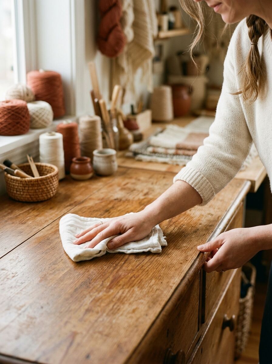 Wiping wooden dresser